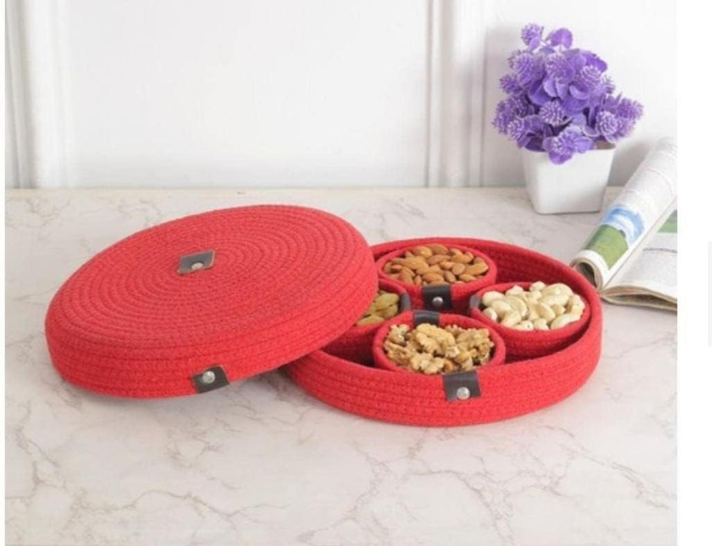 Organic Cotton Rope Dry Fruit Tray/Organiser -Red