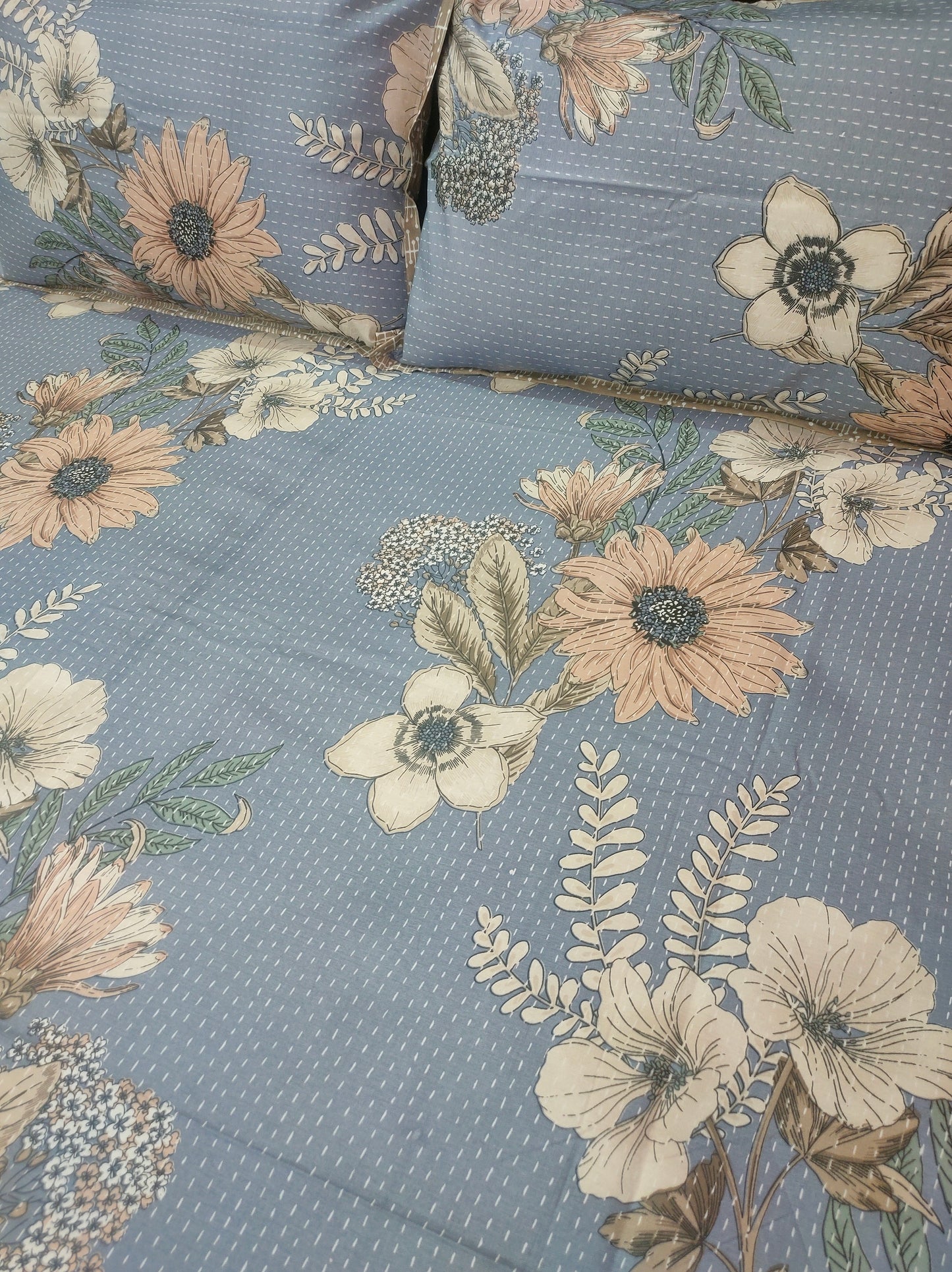 Rich Look Kantha Print Pure Cotton double Bedsheet - Blue