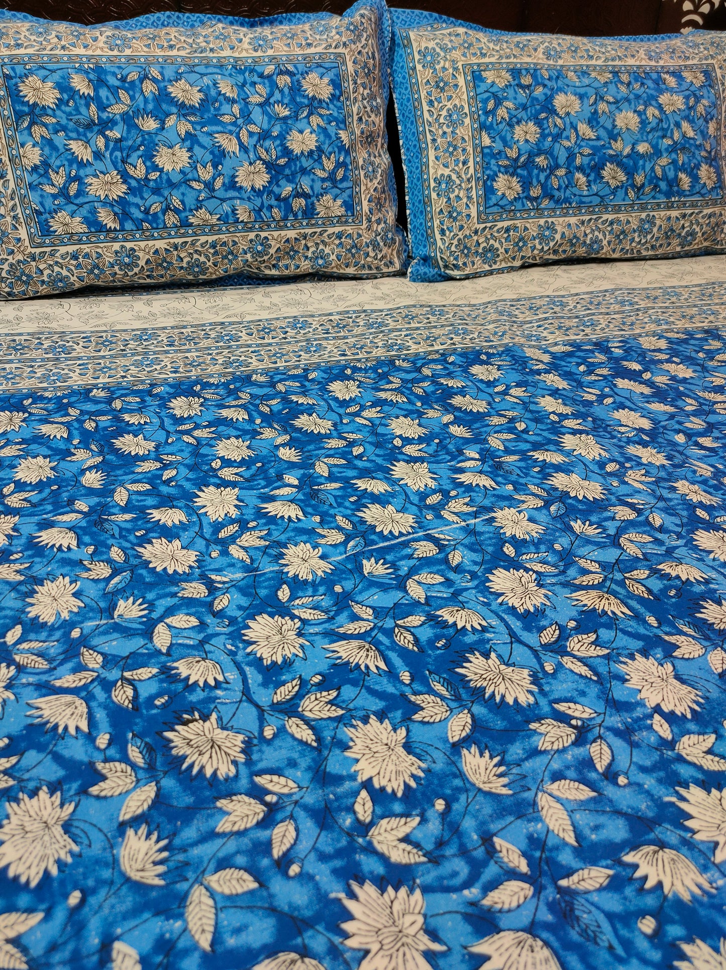 Lotus Jaipuri Pure Cotton Double Bedsheet - Blue