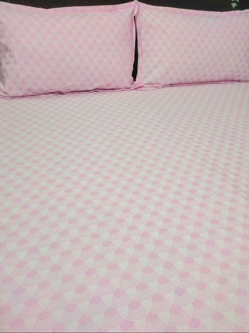 White Marble Pure Cotton Double Bedsheet King Size- Pink