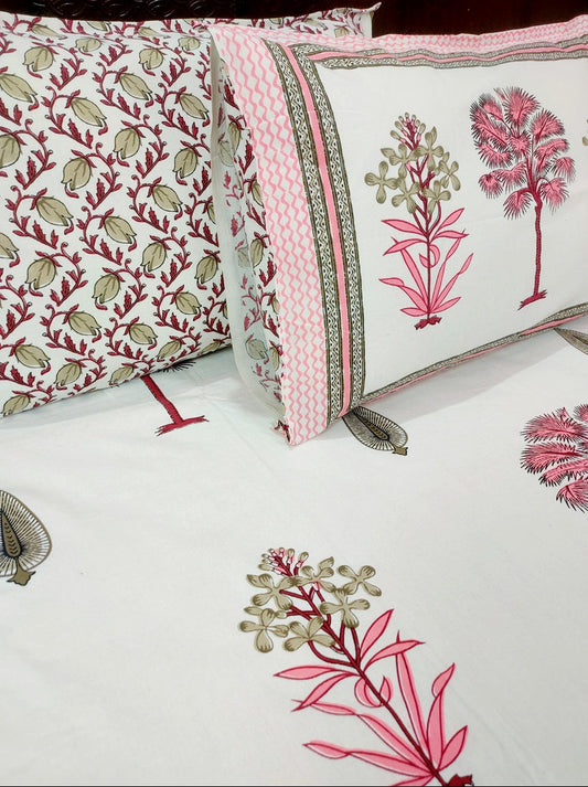 Jasmin Pure Cotton Double Bedsheet King Size- Pink Tree