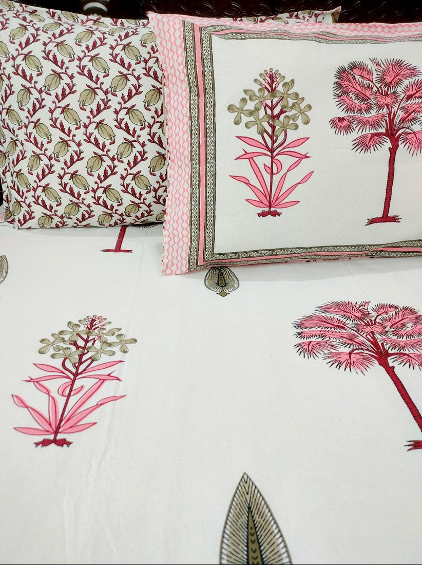 Jasmin Pure Cotton Double Bedsheet King Size- Pink Tree