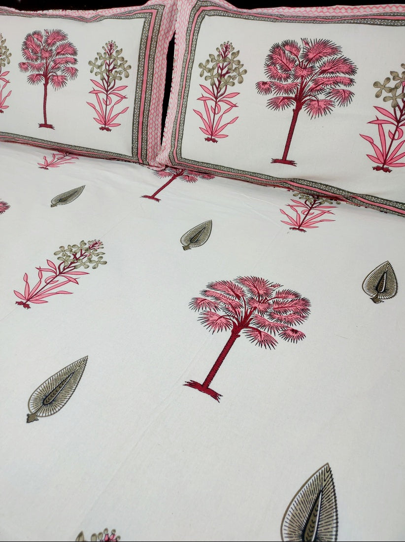 Jasmin Pure Cotton Double Bedsheet King Size- Pink Tree