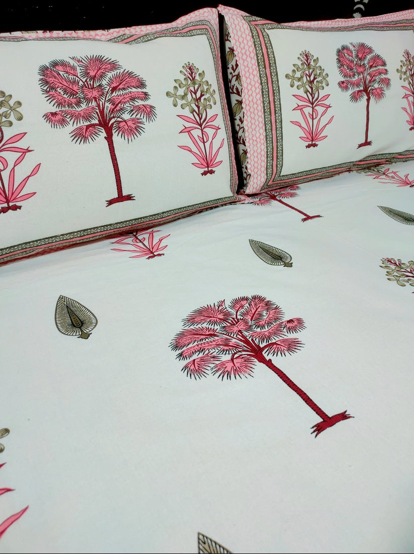 Jasmin Pure Cotton Double Bedsheet King Size- Pink Tree