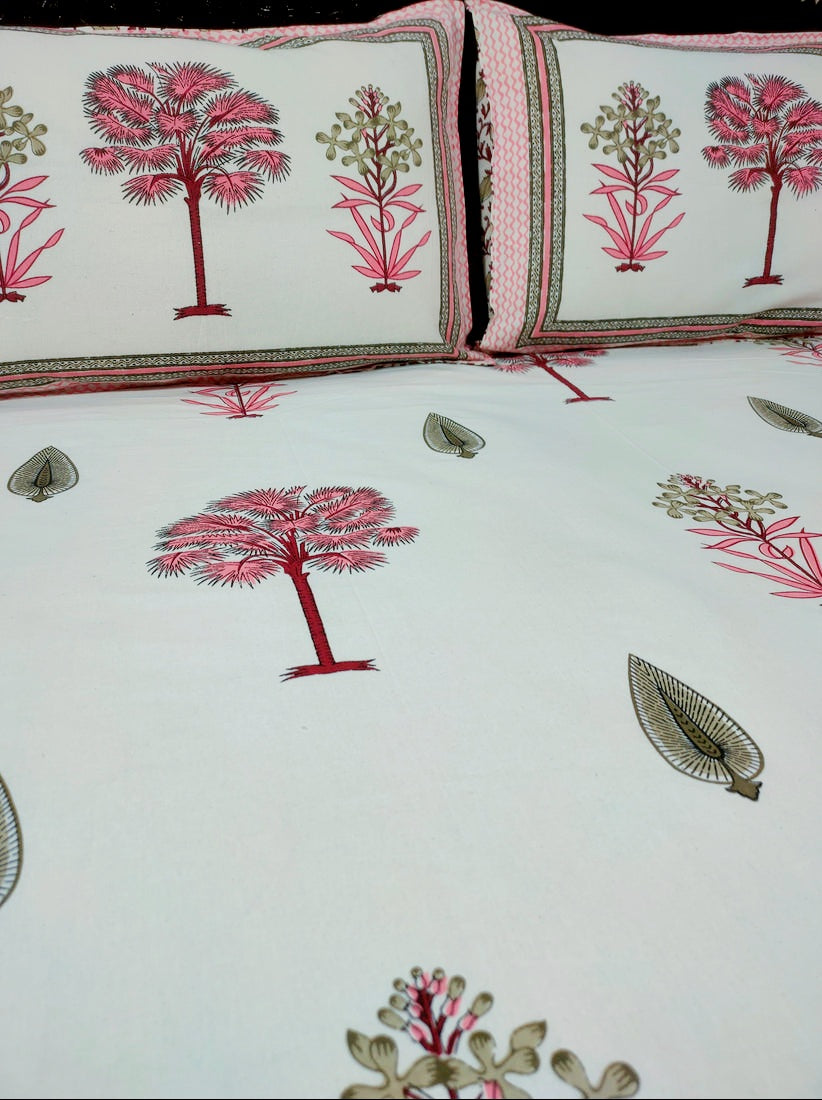 Jasmin Pure Cotton Double Bedsheet King Size- Pink Tree