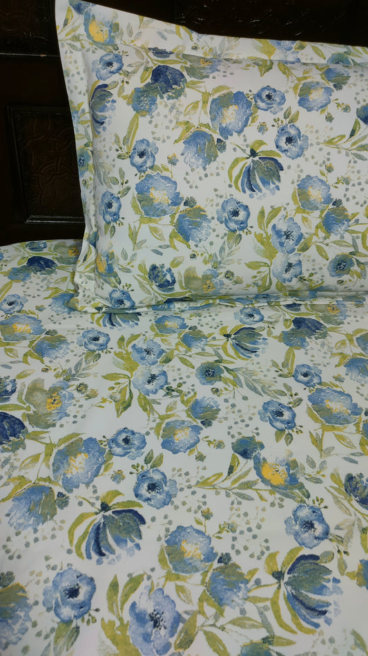 Angel Twill Cotton Floral Print Single Bedsheet-Blue