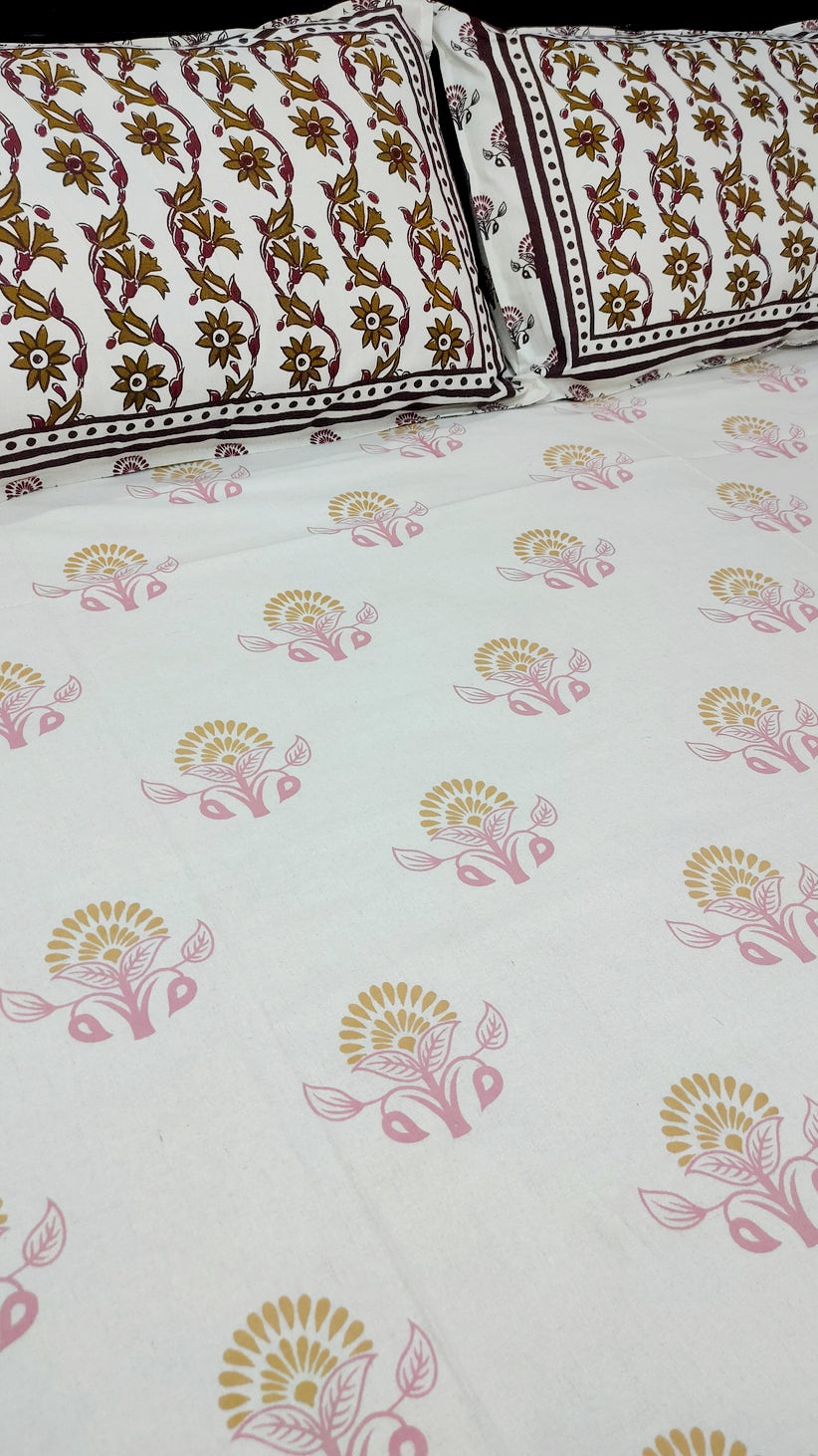 Block Queen Pure Cotton Double Bedsheet - Pink