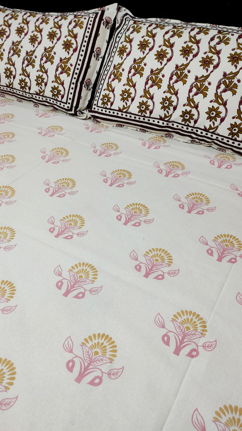 Block Queen Pure Cotton Double Bedsheet - Pink