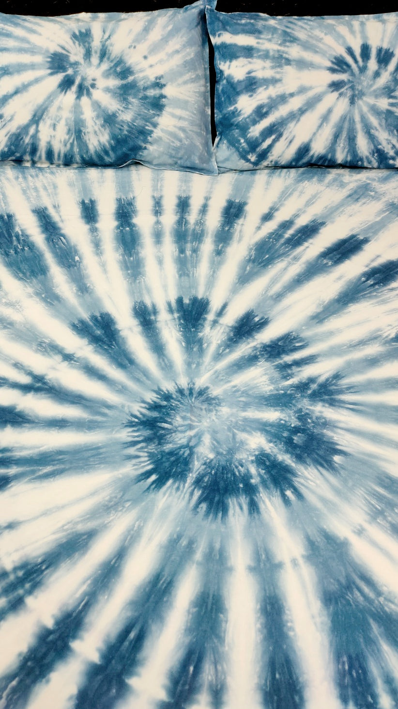 Rangrez Pure Cotton Tie and Dye Bedsheet - Swirl Ink Blue