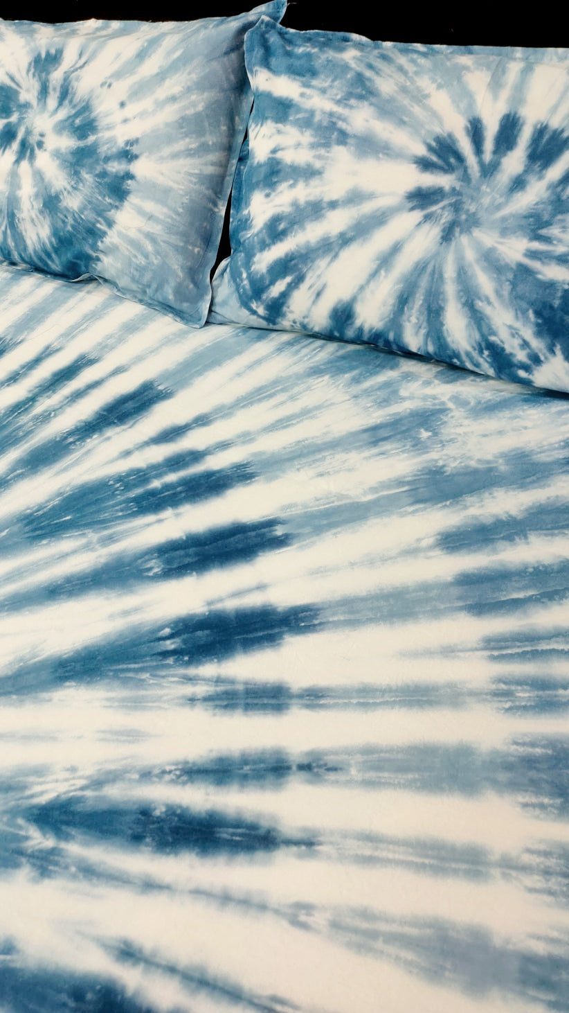 Rangrez Pure Cotton Tie and Dye Bedsheet - Swirl Ink Blue