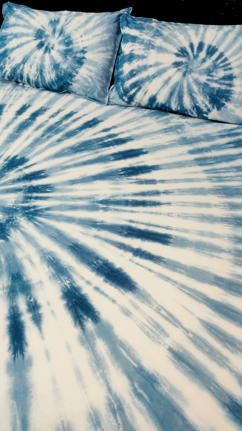 Rangrez Pure Cotton Tie and Dye Bedsheet - Swirl Ink Blue