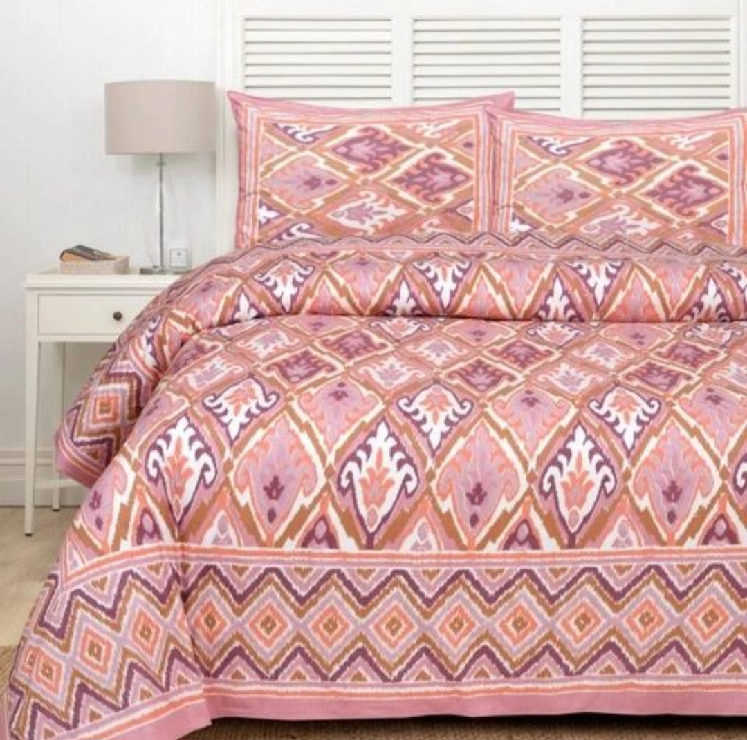 Ikkat Pure Cotton Double Bedsheet - Pink
