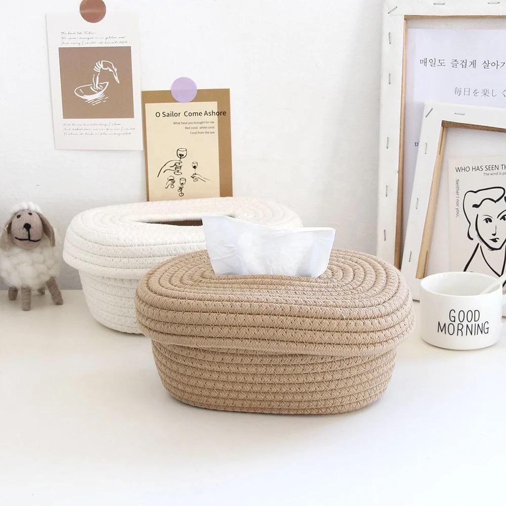 Organic Cotton Rope tissue holder organiser - White