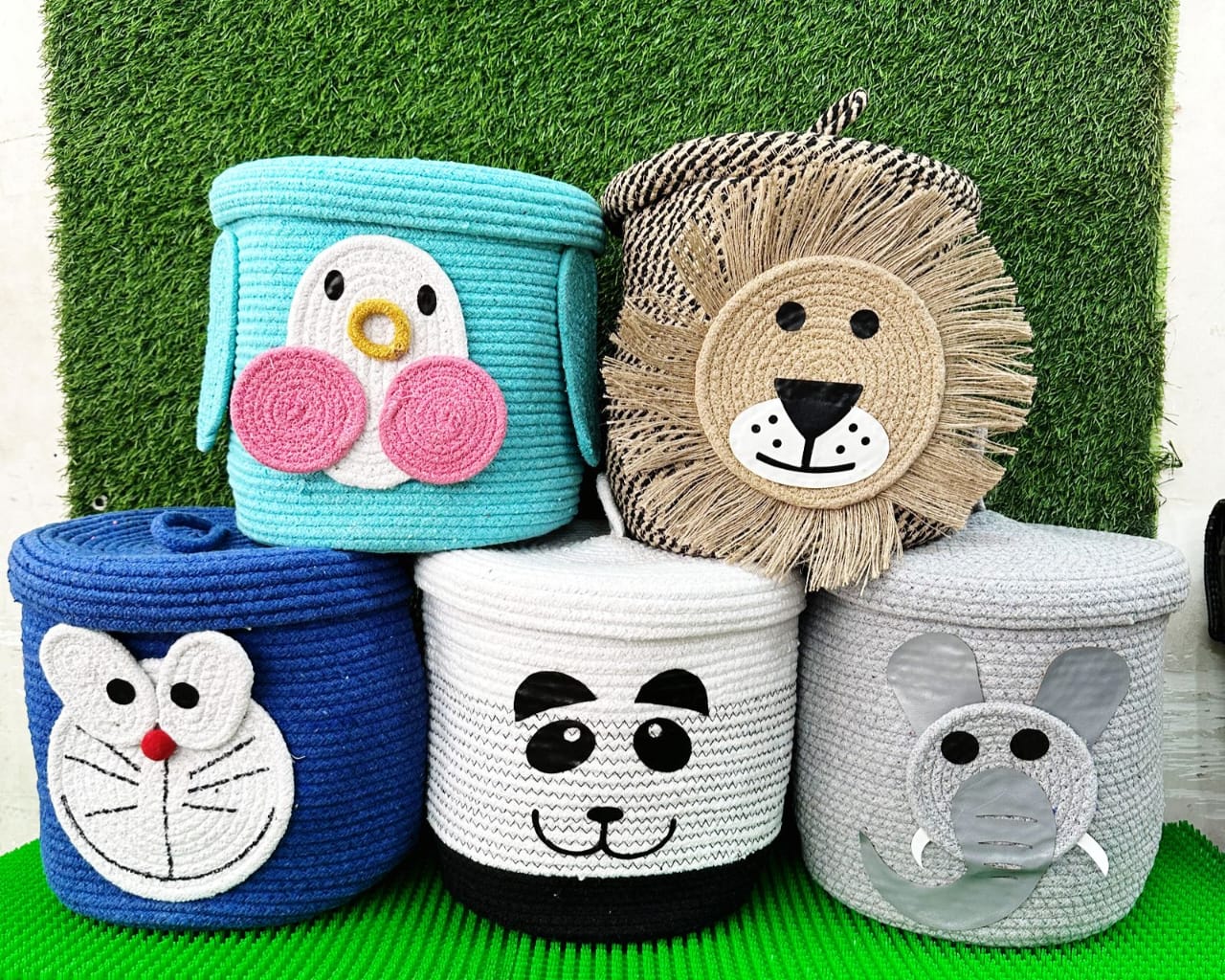 Natural cotton rope storage bins with lids/toy storage box-Doremon