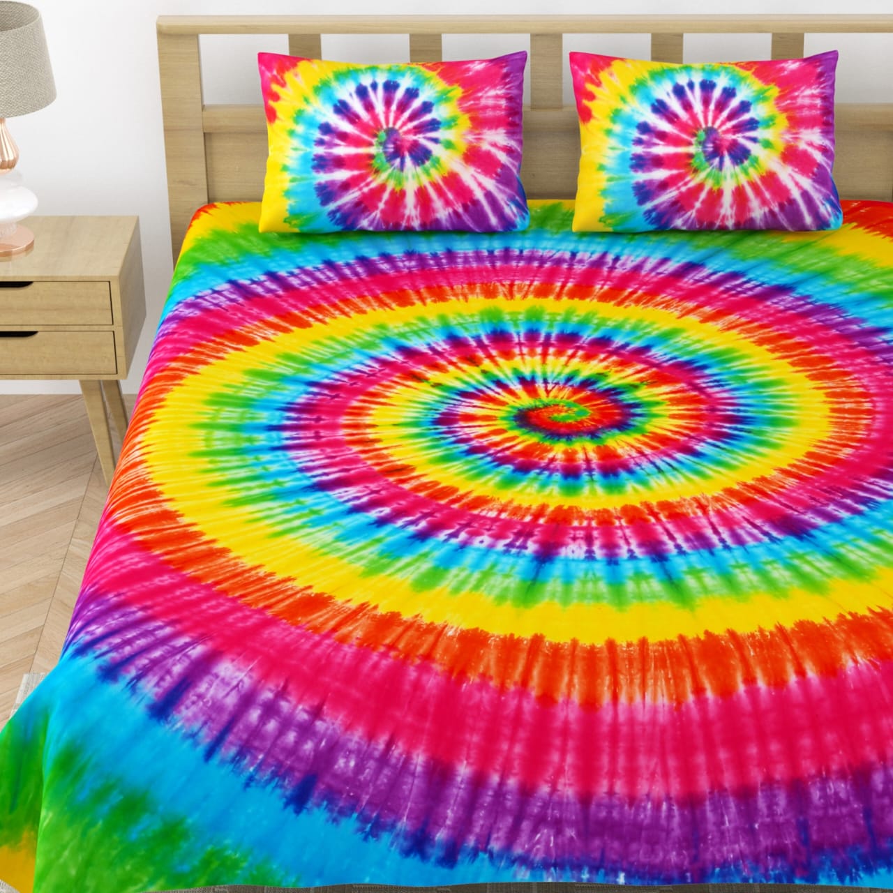 Rangrez Pure Cotton Tie and Dye Double Bedsheet- Swirl Rainbow color