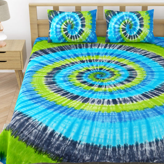 Rangrez Pure cotton Tie and Dye Double Bedsheet - Swirl Green