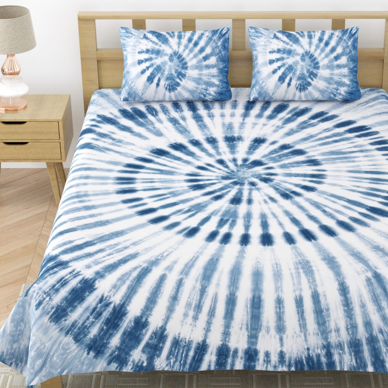 Rangrez Pure Cotton Tie and Dye Bedsheet - Swirl Ink Blue