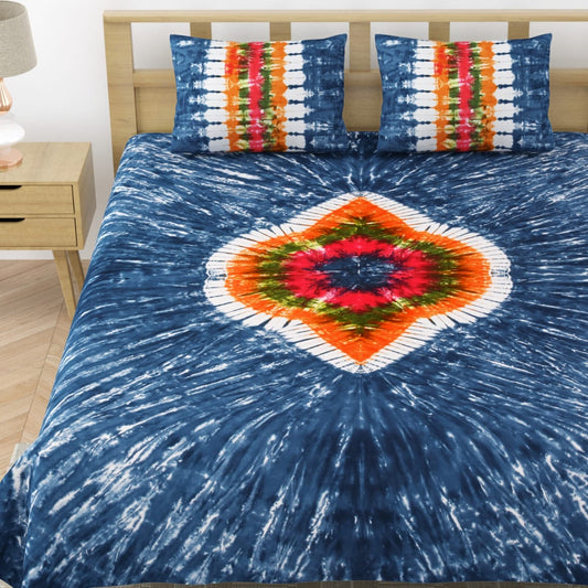 Rangrez Pure Cotton Tie and Dye Double Bedsheet - Centre Design Blue