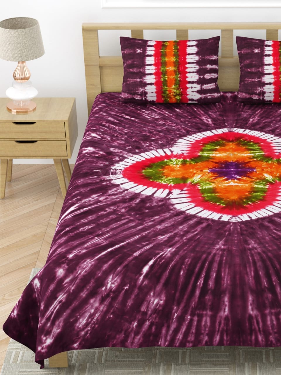 Rangrez Pure Cotton Tie and dye Double Bedsheet - Centre Design Purple