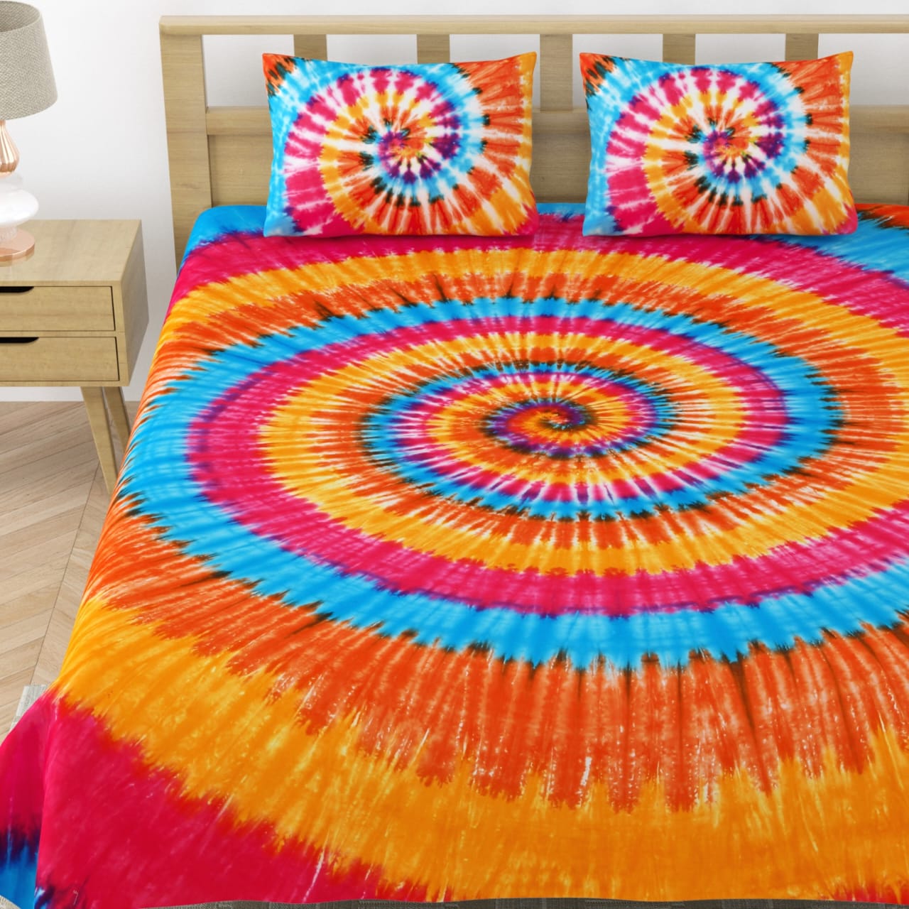 Rangrez Pure Cotton Tie and Dye Double Bedsheet - Swirl Orange