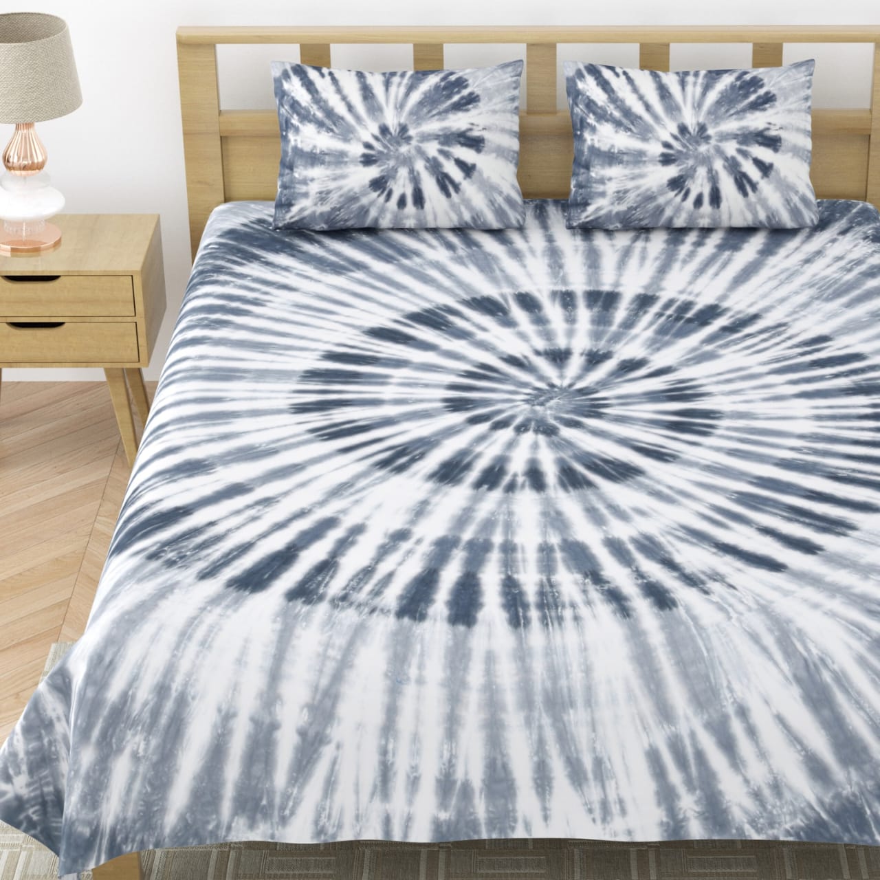 Rangrez Pure Cotton Tie and Dye Double Bedsheet - Swirl Grey