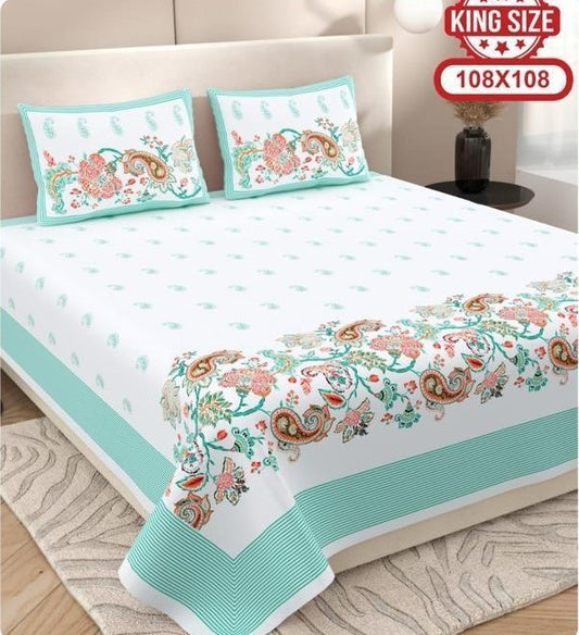 Saanjh Pure Cotton King size Double Bedsheet - Aqua