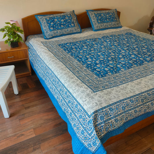 Lotus Jaipuri Pure Cotton Double Bedsheet - Blue