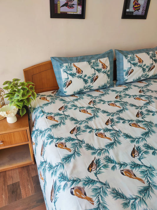 Singing Bird Pure Cotton Double Bedsheet -Blue