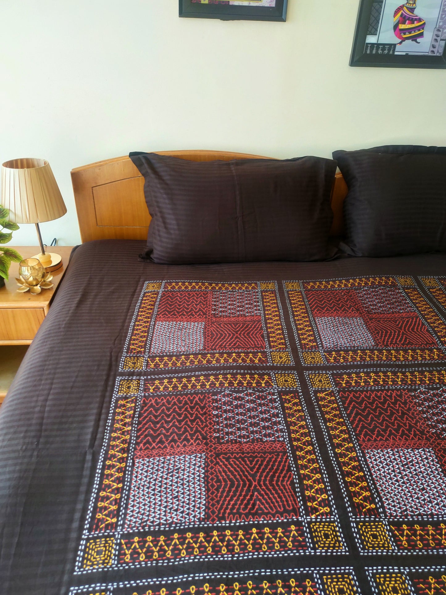 Hand work print cotton double bedsheet King Size - Brown