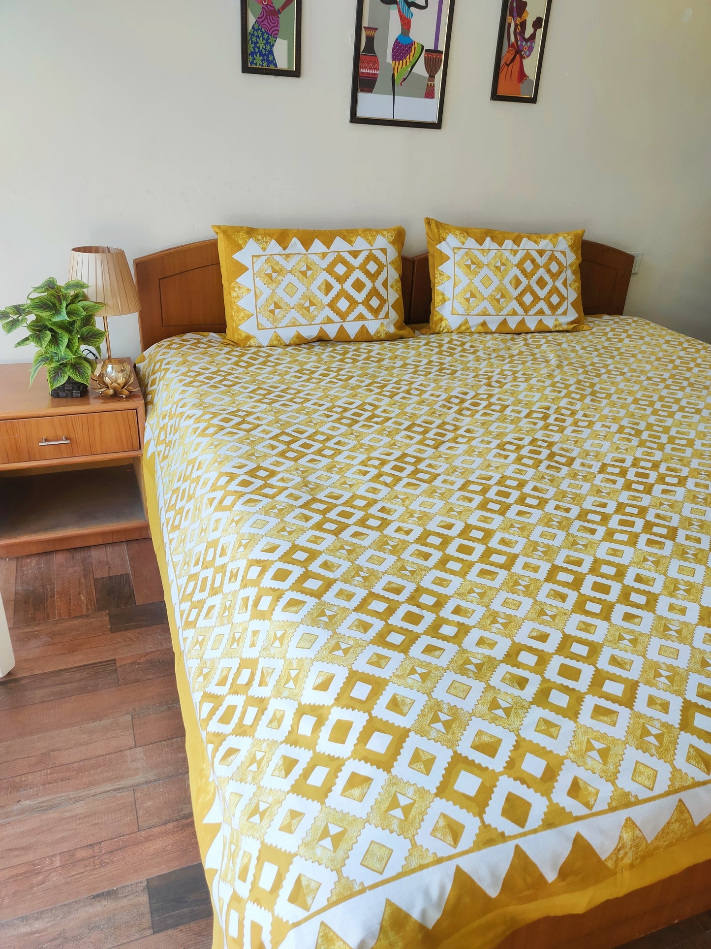 Yellow Checks Pure Cotton Double Bedsheet