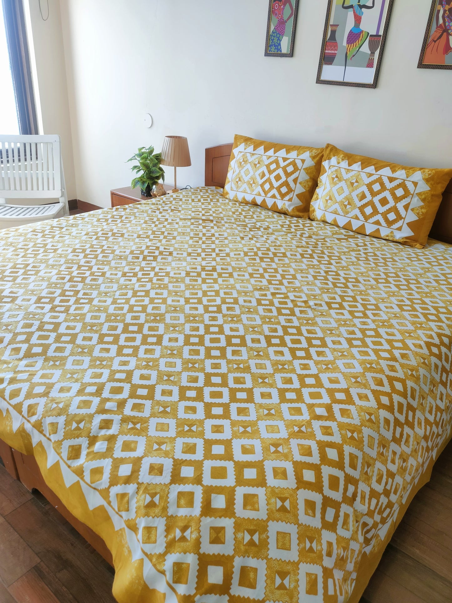 Yellow Checks Pure Cotton Double Bedsheet