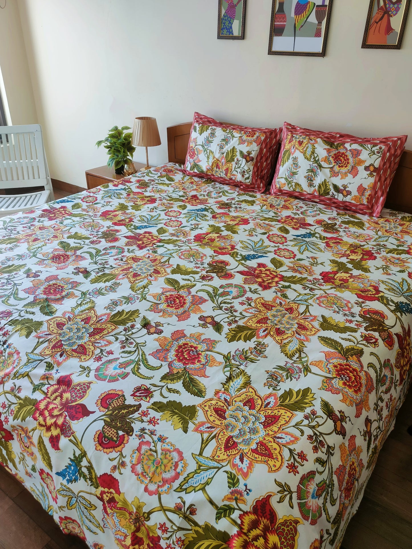 Blossom Cotton Double Bedsheet- Red and Yellow