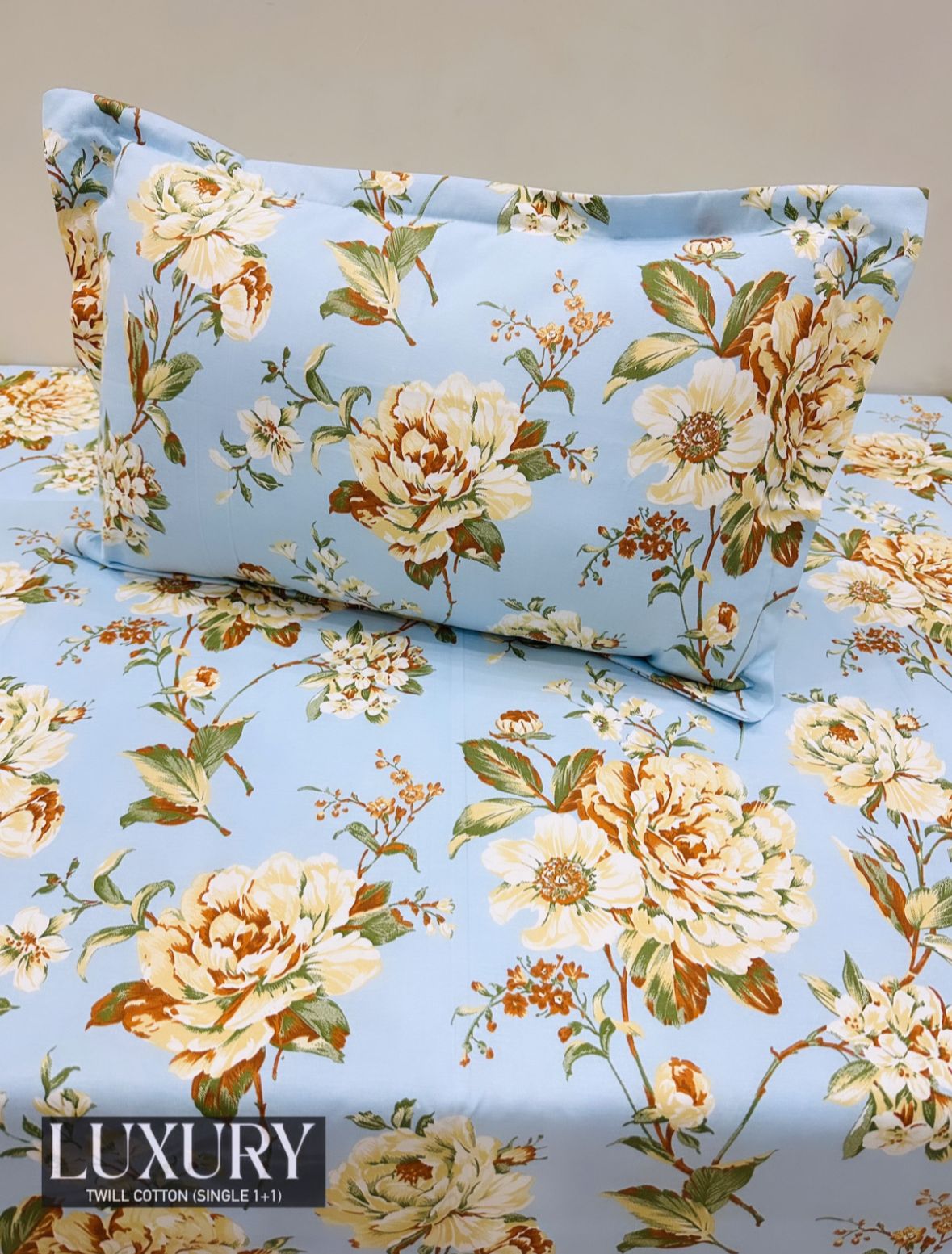 Angel Twill Cotton Rose Print Single Bedsheet- Blue